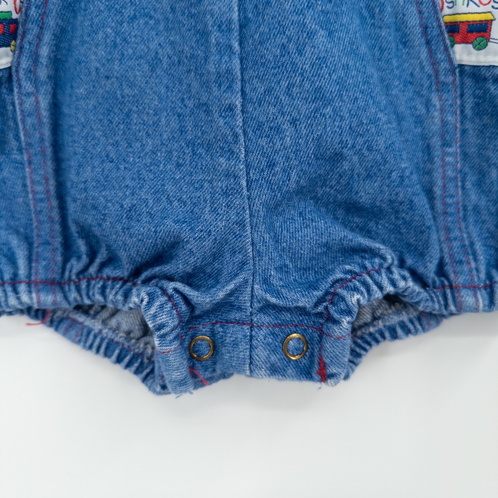 Vintage 90s OshKosh B'gosh Denim Bubble Overalls Baby 12M Train Vestbak Romper - Picture 2 of 10